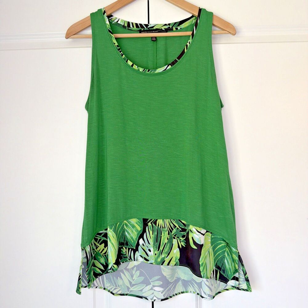 White House Black Market Tunic Tank Sleeveless Tropical Satin Trim Green Small